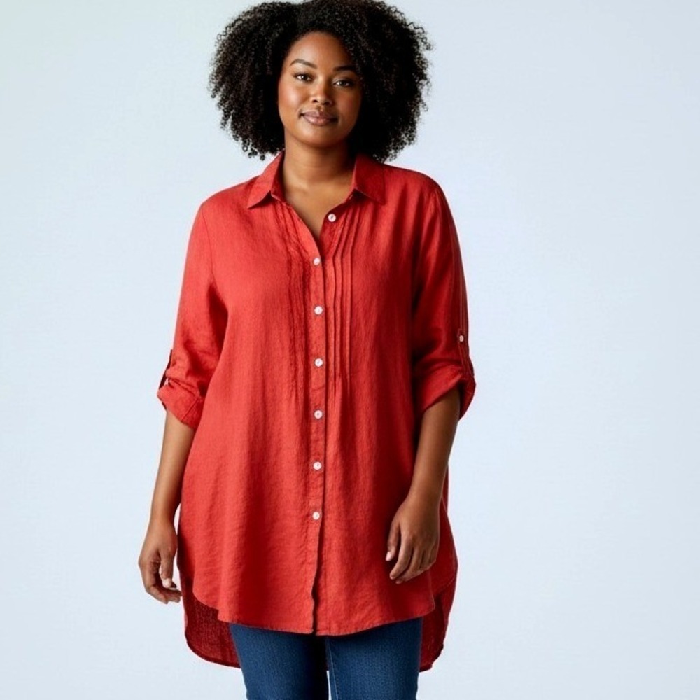 Match Point Womens Blouse Sz‎ XL Red Linen Button Down Shirt Roll Tab Sleeves XL